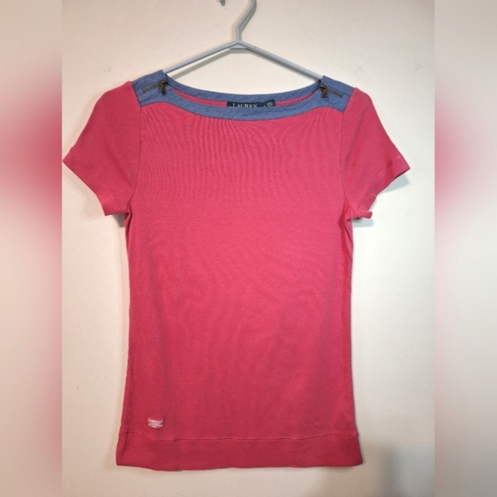 Lauren Ralph Lauren Coral and Denim Short Sleeve Tee